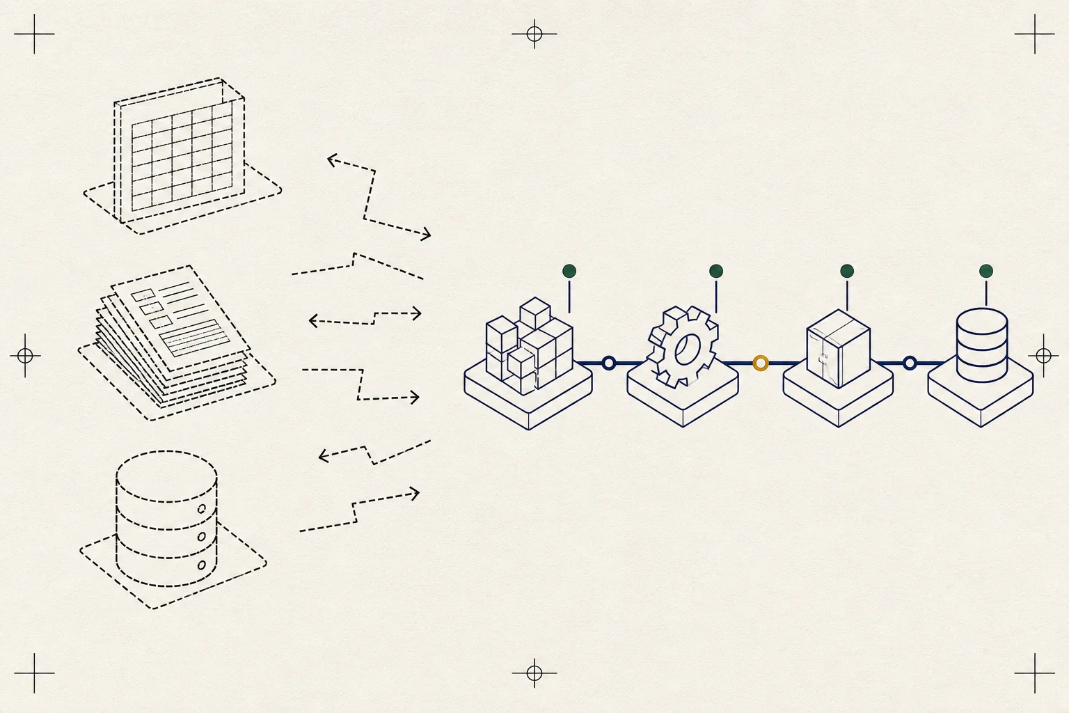 Schema: getrennte Excel- und Papierprozesse führen zu mehrfacher Datenerfassung — daneben ein verbundener digitaler Workflow