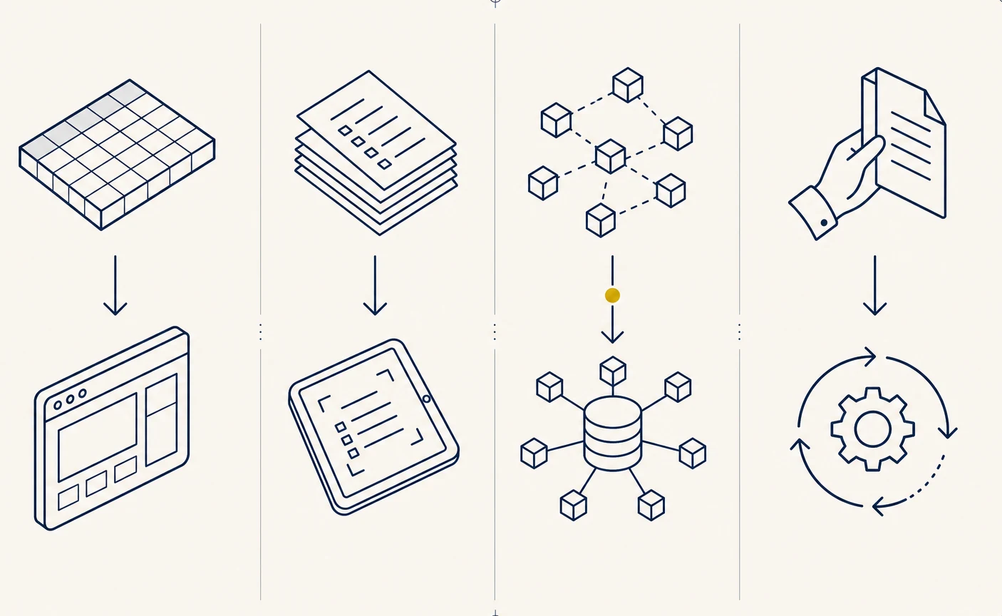 Vier Transformationspaare: Excel zu Webanwendung, Papier zu digitaler Erfassung, verteilte Daten zu zentraler Datenbasis, manuelle Prozesse zu Automatisierung